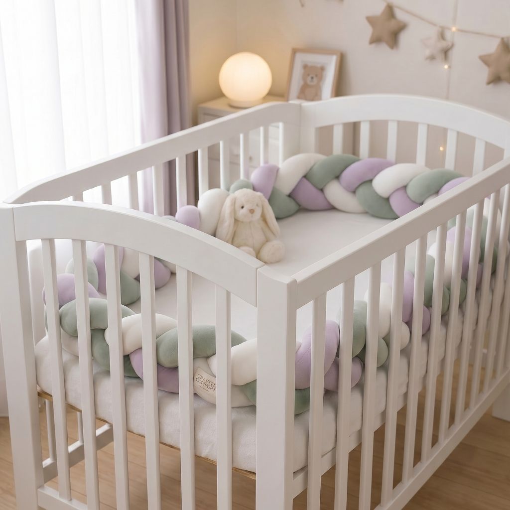 tresse de lit bébé velours vert sauge lilas et blanc berceau bébé