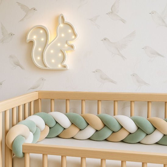 Tour de lit bébé vert sauge, blanc et beige 3 brins créant un cocon confortable et apaisant