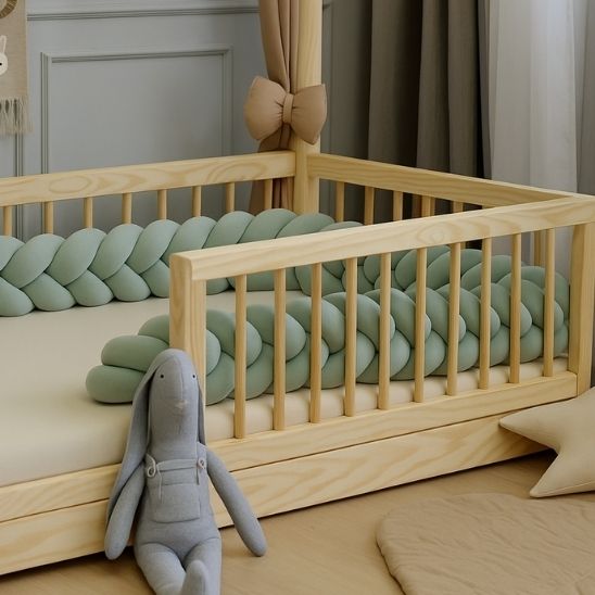 Protection de lit bébé en tresse vert sauge 3 brins pour éviter les chocs contre les barreaux