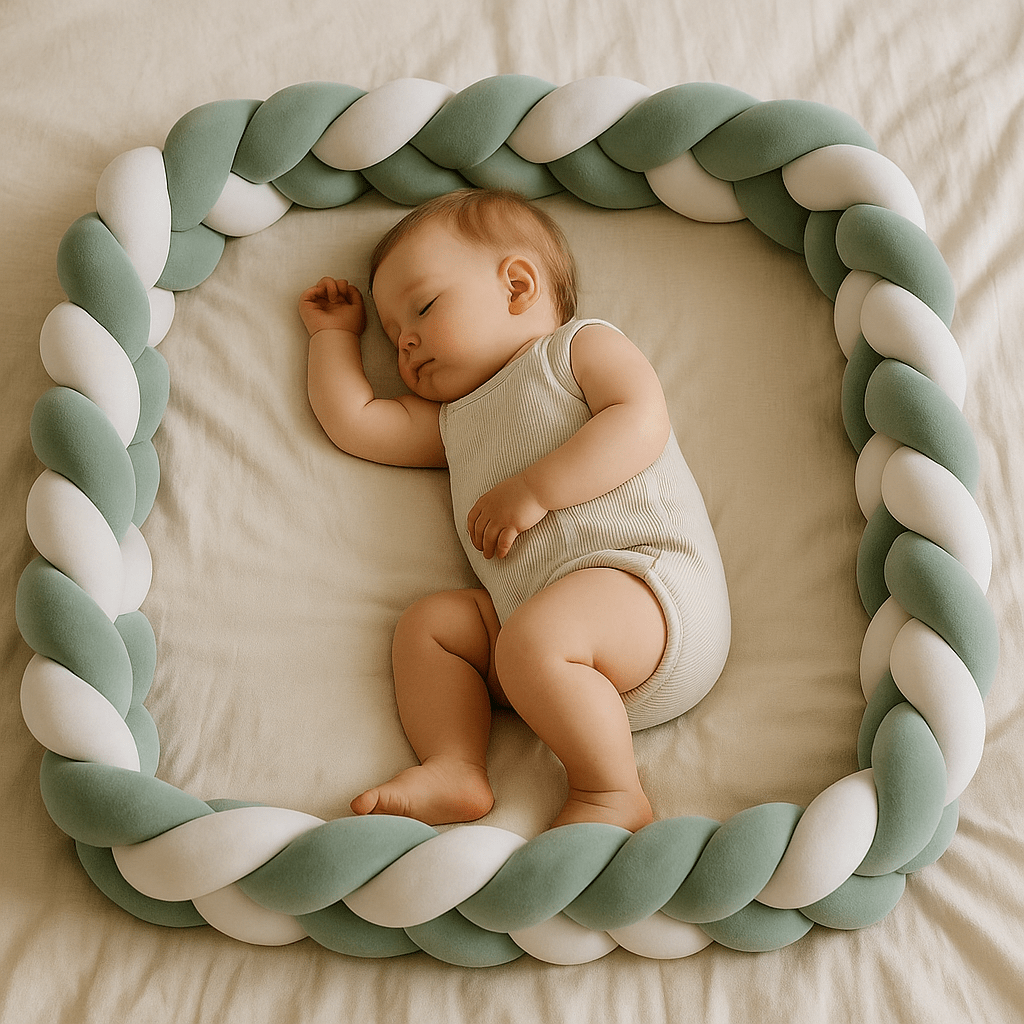 Tresse de lit vert sauge disposée en forme carrée sur un lit parental dans une chambre vert d’eau, avec un bébé de 12 mois endormi dedans