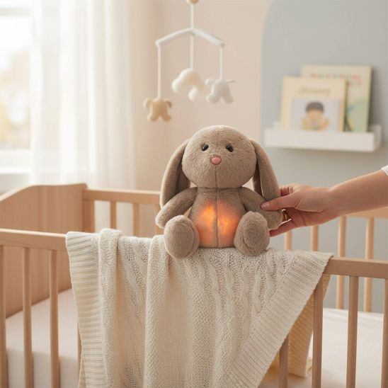 Veilleuse en peluche pour bébé diffusant une lumière apaisante au coucher