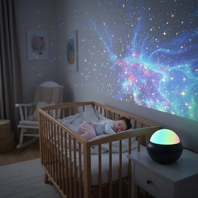 Ambiance nocturne apaisante créée par la veilleuse projection StarDream