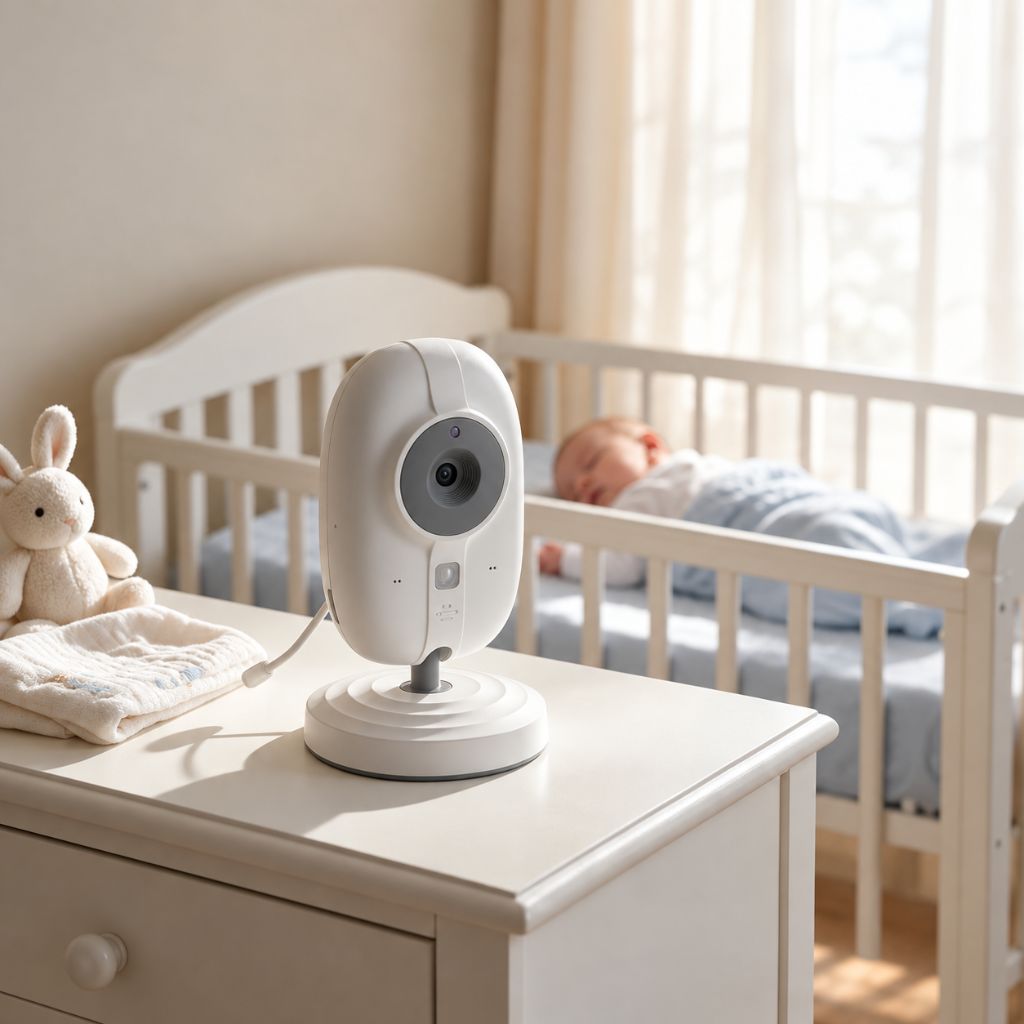 Quel babyphone choisir : caméra posée sur la commode de la chambre de bébé