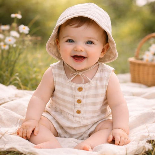 Bébé portant une barboteuse unisexe légère en coton, idéale pour les beaux jours