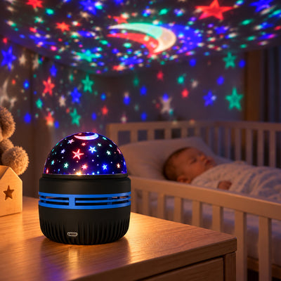 Plafond de chambre de bébé étoilé grâce à la veilleuse projection Lunaïa