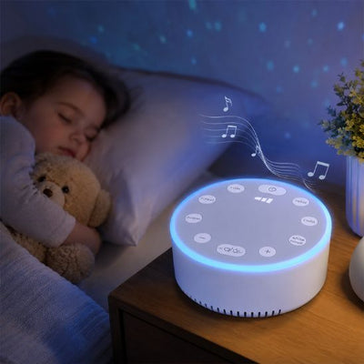 eilleuse bruit blanc bébé spa posée près d un bébé endormi avec sons pluie forêt et océan