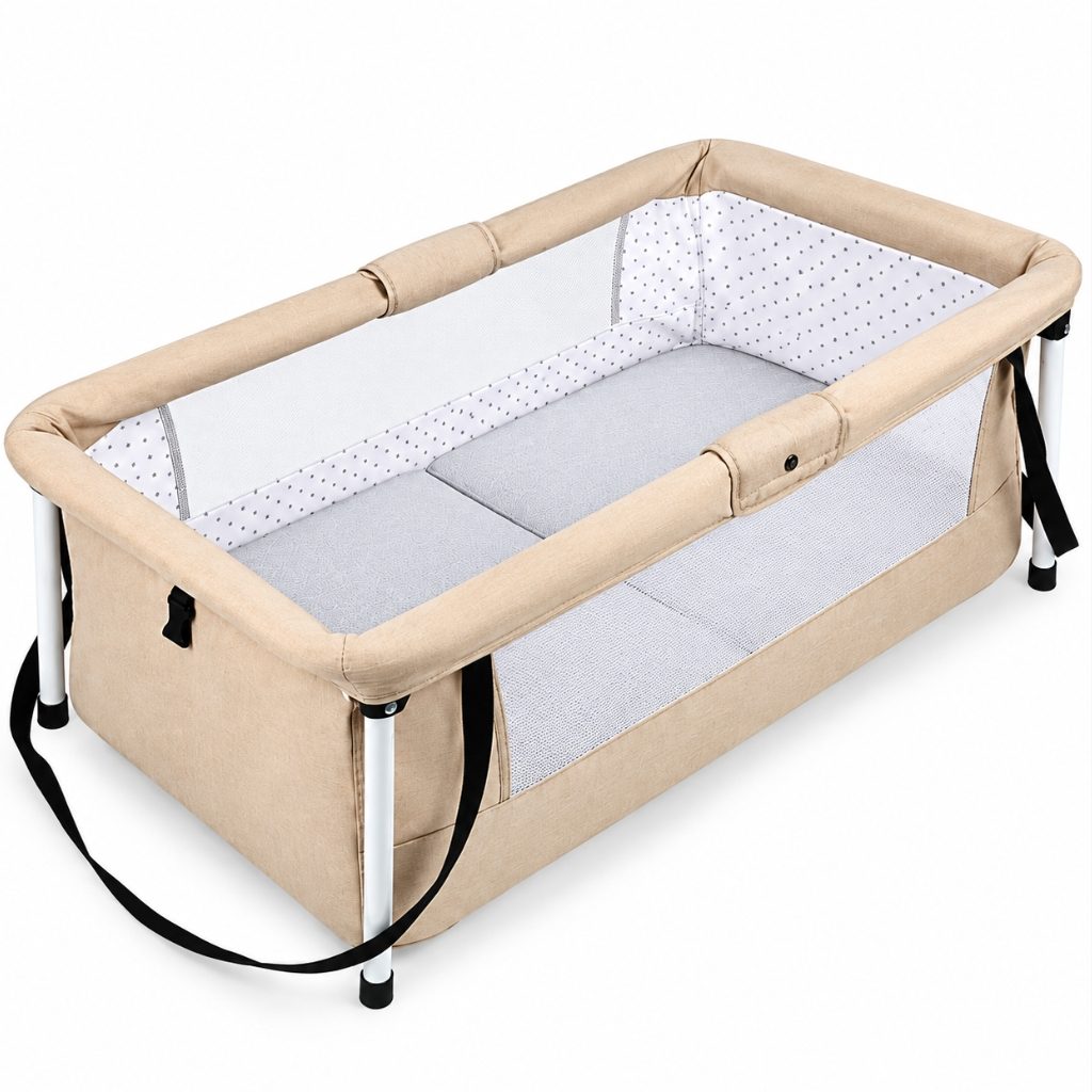 Berceau de voyage pliable Baluchon beige biscuit avec parois en maille et matelas