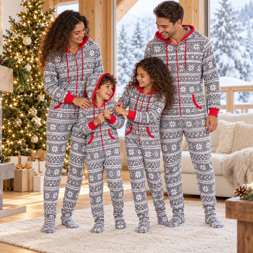 Famille en combinaison pyjama Noël famille Igloo Givre grise à flocons