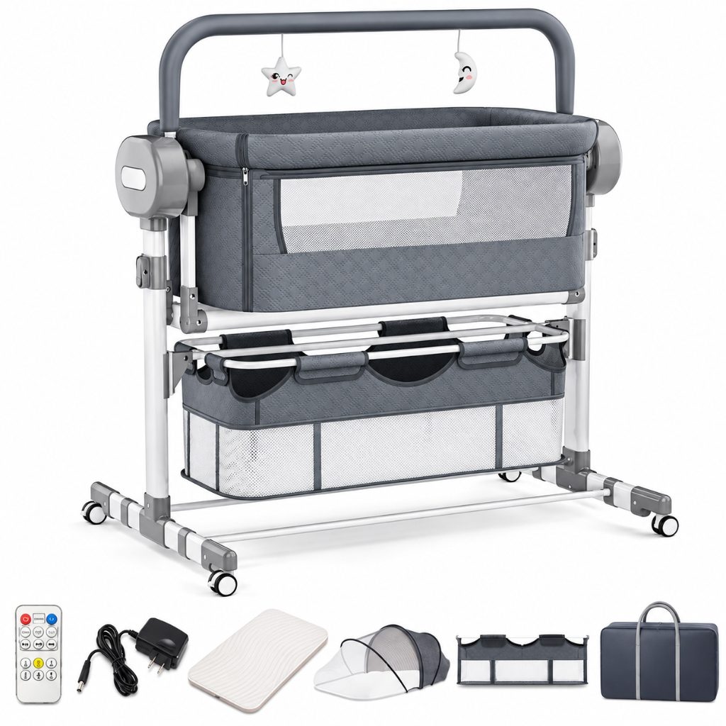 Lit cododo électrique Berceline gris ardoise avec télécommande, matelas, moustiquaire et panier