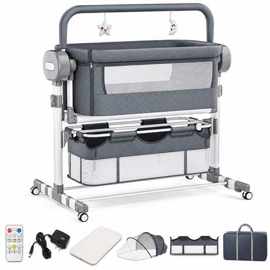 Lit cododo électrique Berceline gris ardoise avec télécommande, matelas, moustiquaire et panier