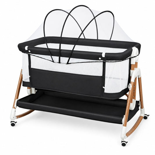 Lit cododo en maille Opaline Noir Onyx avec moustiquaire, pieds finition dorée et panier