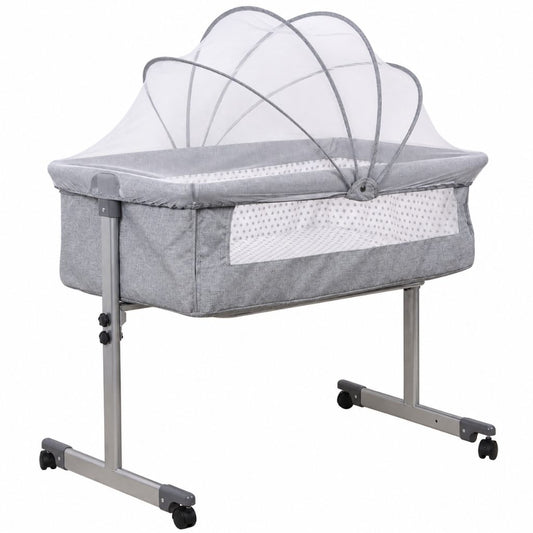 Lit cododo réglable Plume gris avec moustiquaire, sur roulettes