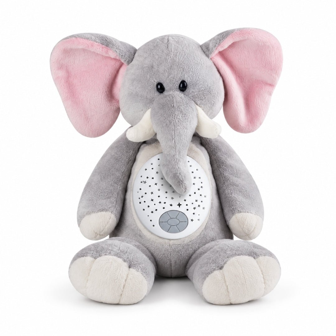 Peluche éléphant veilleuse Pompon grise aux oreilles roses avec projecteur d'étoiles sur le ventre