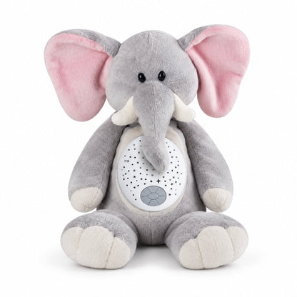 Peluche éléphant veilleuse Pompon grise aux oreilles roses avec projecteur d'étoiles sur le ventre