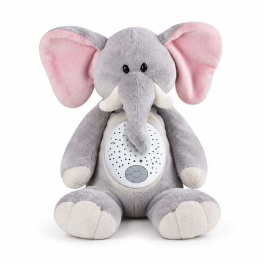 Peluche éléphant veilleuse Pompon grise aux oreilles roses avec projecteur d'étoiles sur le ventre