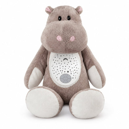 Peluche hippopotame veilleuse Hippolyte taupe aux joues roses avec projecteur d'étoiles sur le ventre