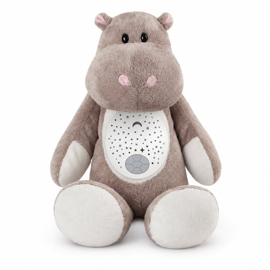 Peluche hippopotame veilleuse Hippolyte taupe aux joues roses avec projecteur d'étoiles sur le ventre