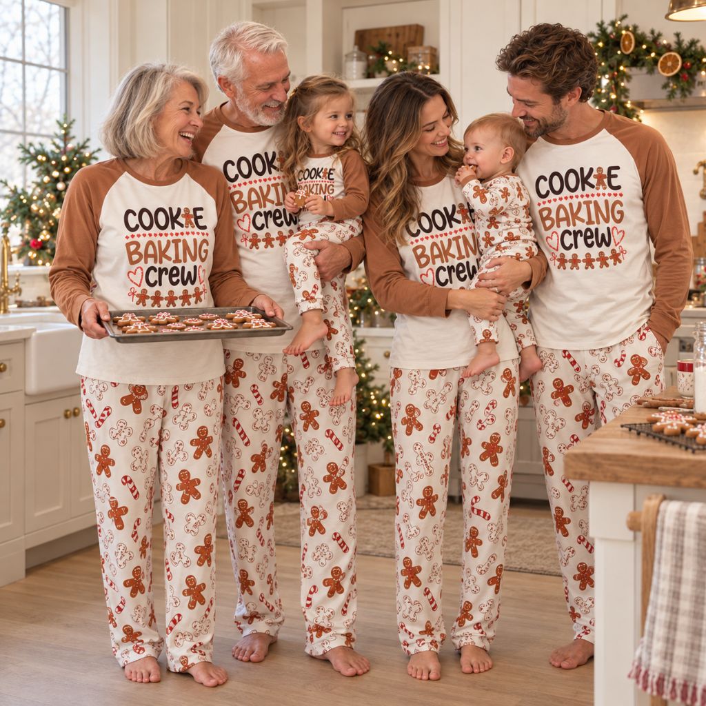 Famille avec bébé en pyjama Noël famille pain d'épice Spéculoos dans la cuisine avec une plaque de biscuits