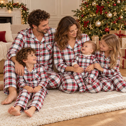 Famille en pyjama Noël famille tartan blanc assis devant le sapin avec bébé