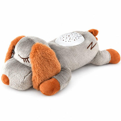 Veilleuse bébé étoiles Roupillou, peluche chiot endormi gris et caramel avec projecteur sur le dos