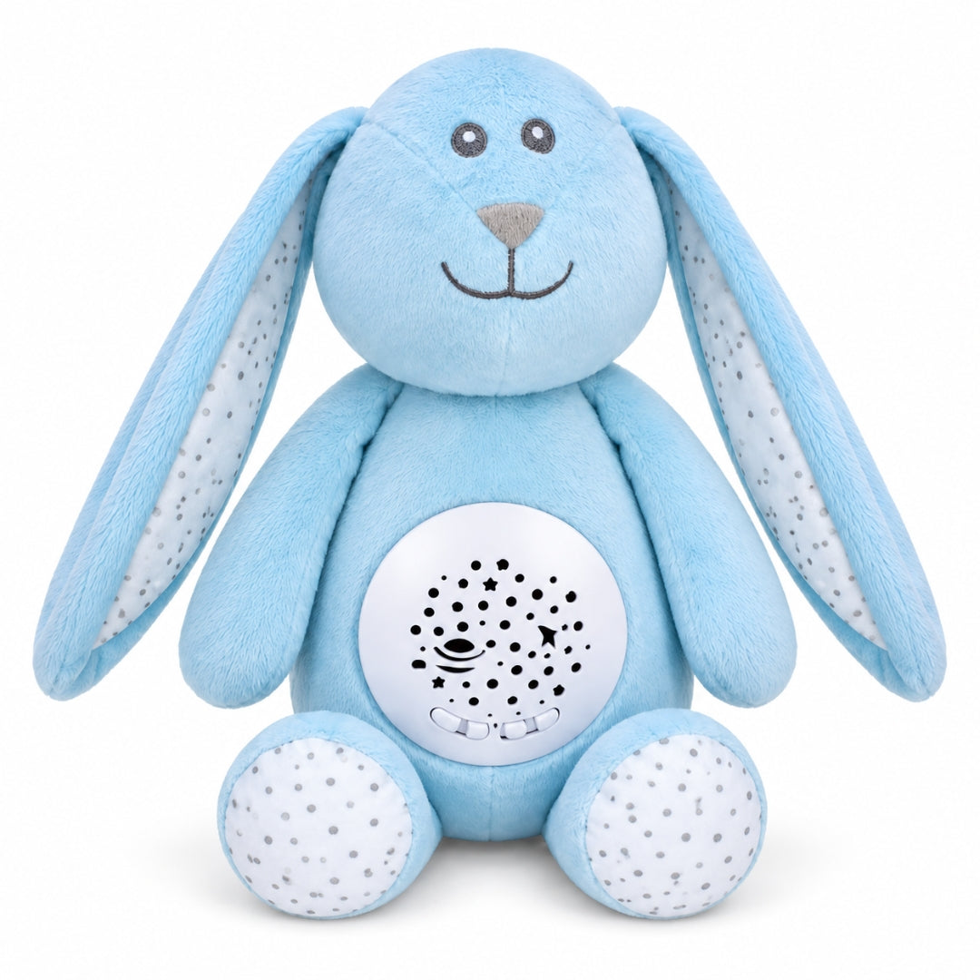 Veilleuse musicale pour bébé Lulune, peluche lapin bleu avec projecteur d'étoiles, vue de face
