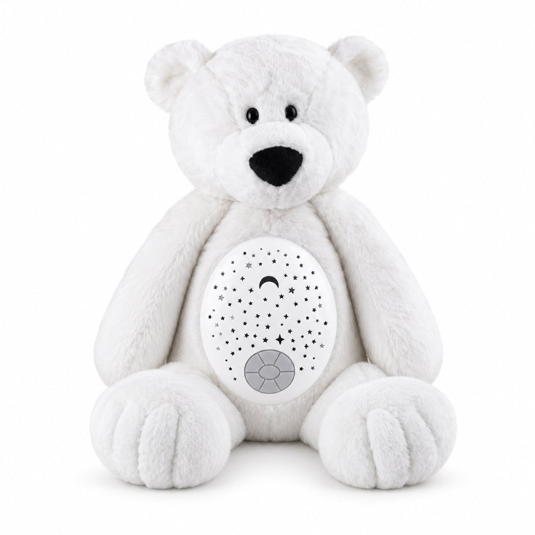 Veilleuse ours polaire Flocon, peluche blanche avec projecteur d'étoiles sur le ventre