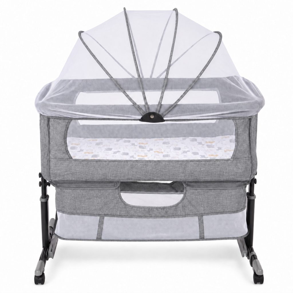 Berceau à roulettes cododo Rêverie Gris Brume avec moustiquaire et double rangement