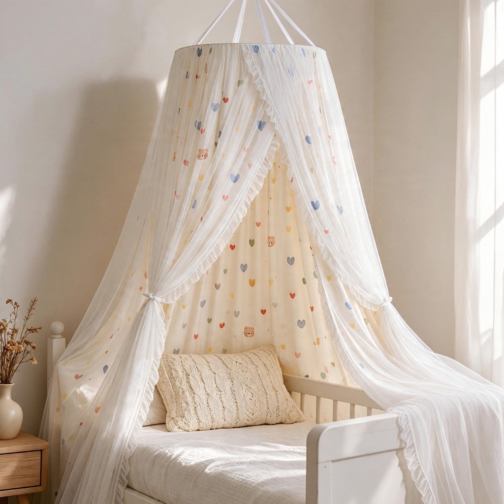 Ciel de lit enfant double voile blanc à cœurs drapé autour d'un lit d'enfant