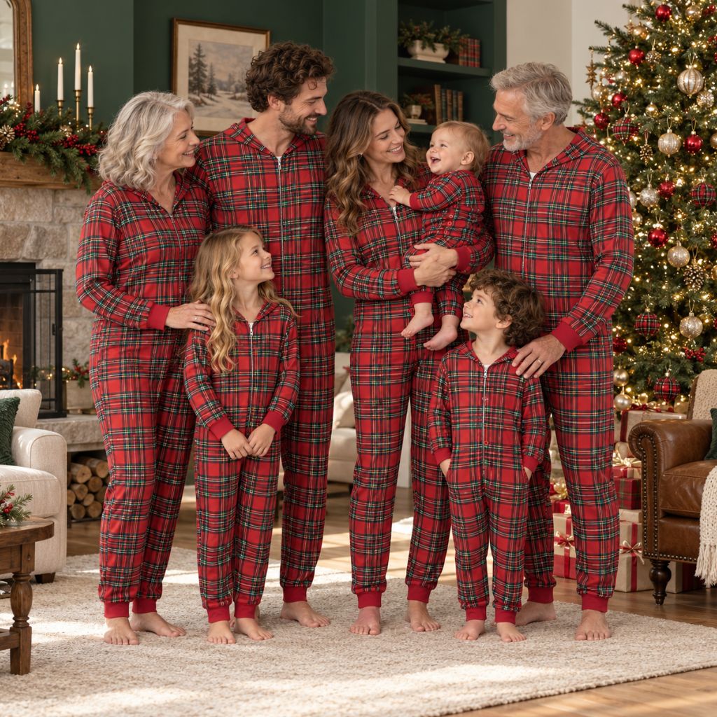 Grande famille avec grands-parents en combinaison de Noël tartan rouge à capuche