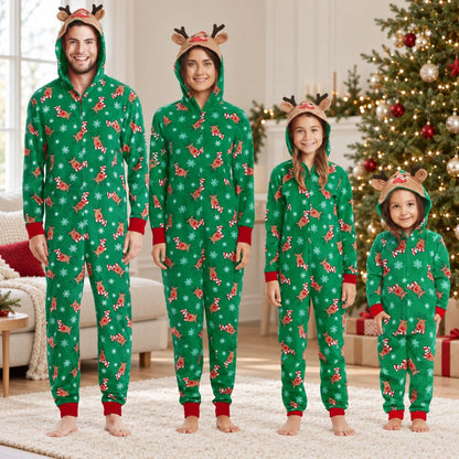 Famille en combinaison pyjama Noël verte à capuche renne, de papa à la petite fille