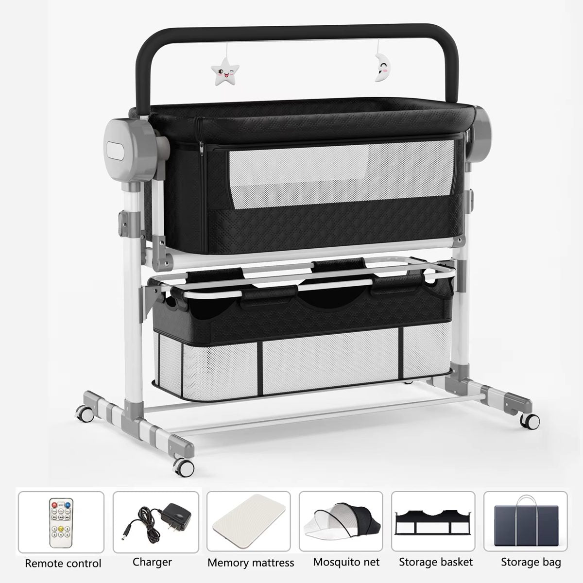Lit cododo électrique Berceline noir velours en tissu matelassé avec ses accessoires