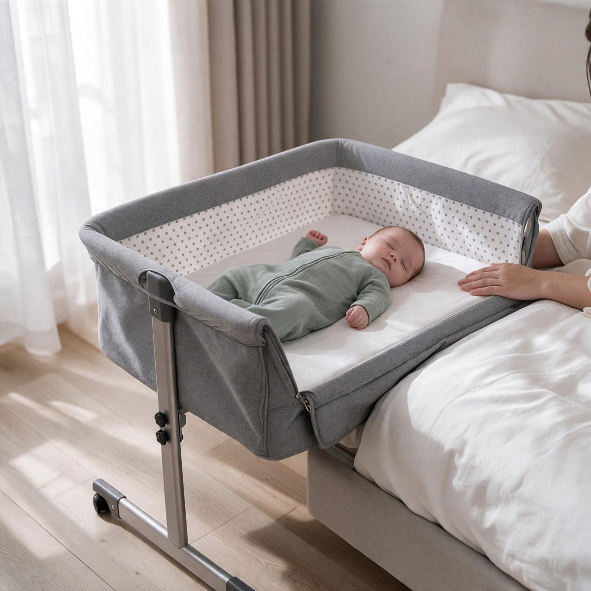 Bébé endormi sur le dos dans le lit cododo Plume accolé au lit des parents