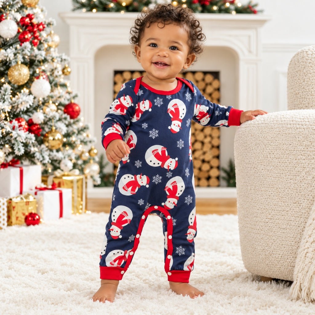 Bébé debout en grenouillère de Noël bleu marine imprimée bonshommes de neige