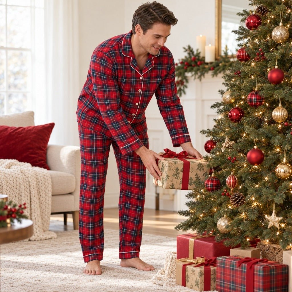 Papa en pyjama de Noël écossais tartan rouge déposant un cadeau sous le sapin