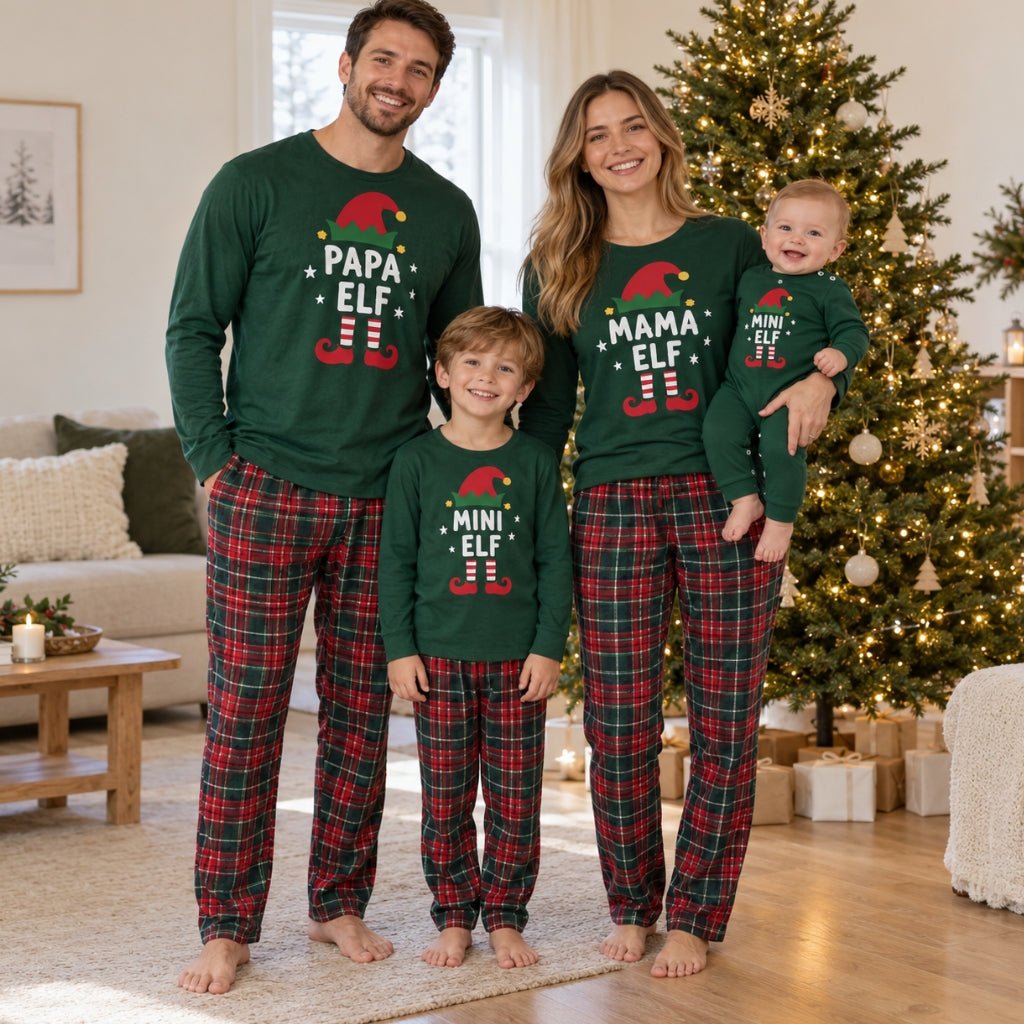 Papa Elf, Mama Elf, Mini Elf et bébé lutin en pyjama de Noël assorti