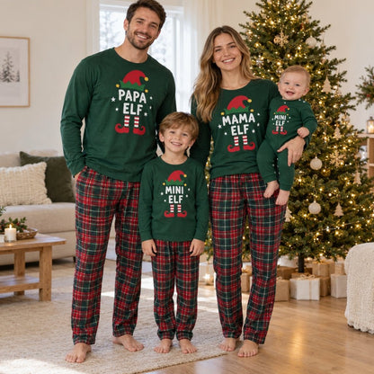 Papa Elf, Mama Elf, Mini Elf et bébé lutin en pyjama de Noël assorti