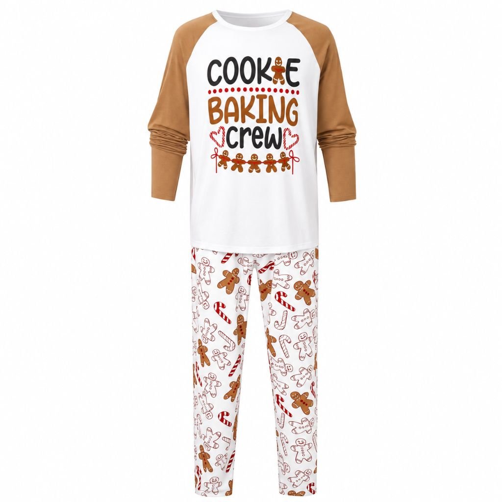 Pyjama de Noël homme pain d'épice, haut blanc manches caramel et pantalon imprimé bonshommes biscuits