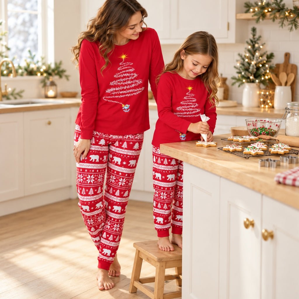 Maman et fille en pyjama de Noël rouge sapin étoilé préparant des biscuits