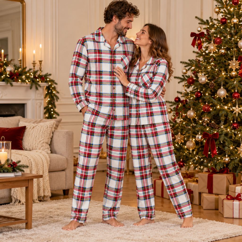 Couple en pyjama de Noël tartan blanc rouge et marine devant le sapin