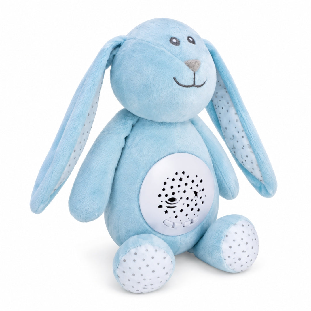 Lapin Lulune bleu nuage vu de trois quarts, grandes oreilles et pieds étoilés