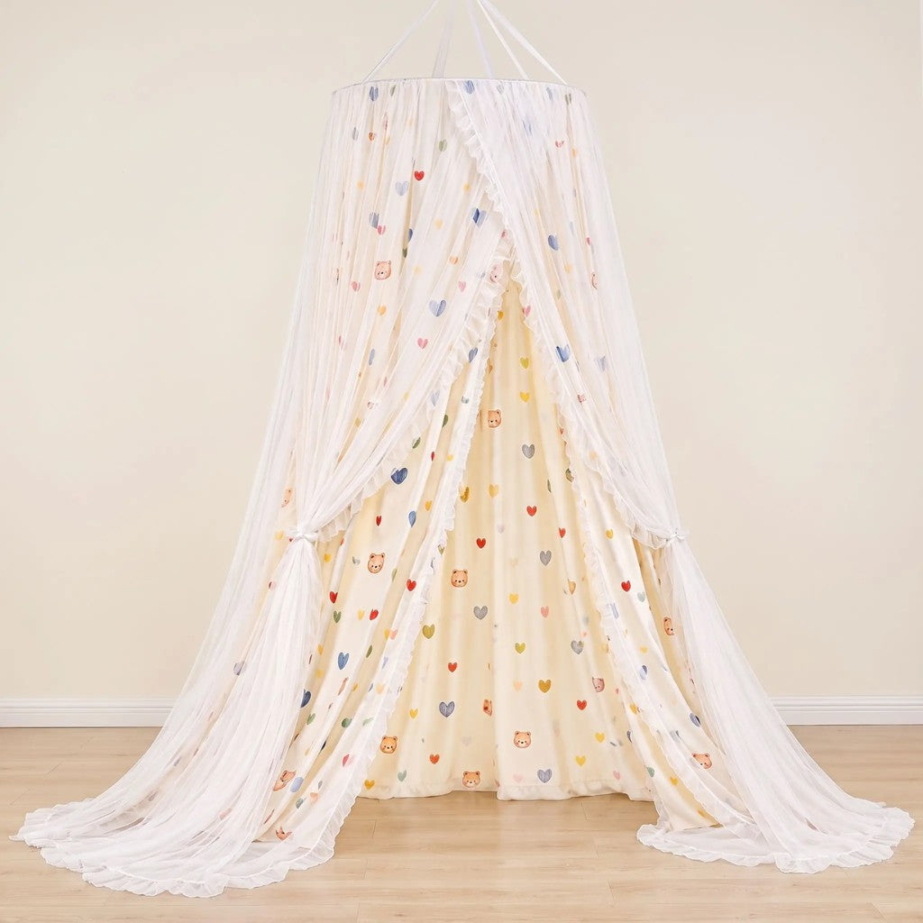 Ciel de lit enfant princesse entier, tulle blanc à volants et tissu imprimé cœurs