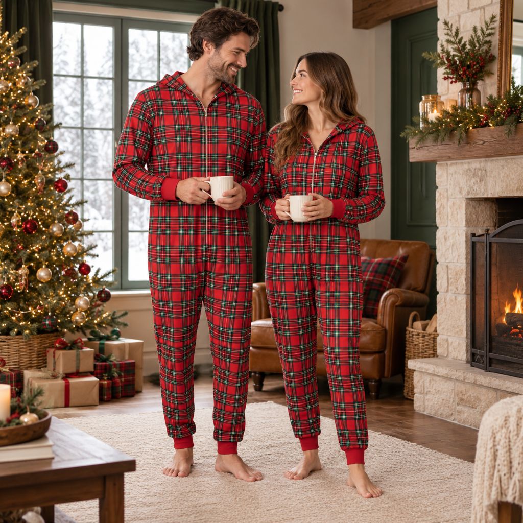 Couple en combinaison pyjama de Noël à carreaux avec une tasse de chocolat chaud
