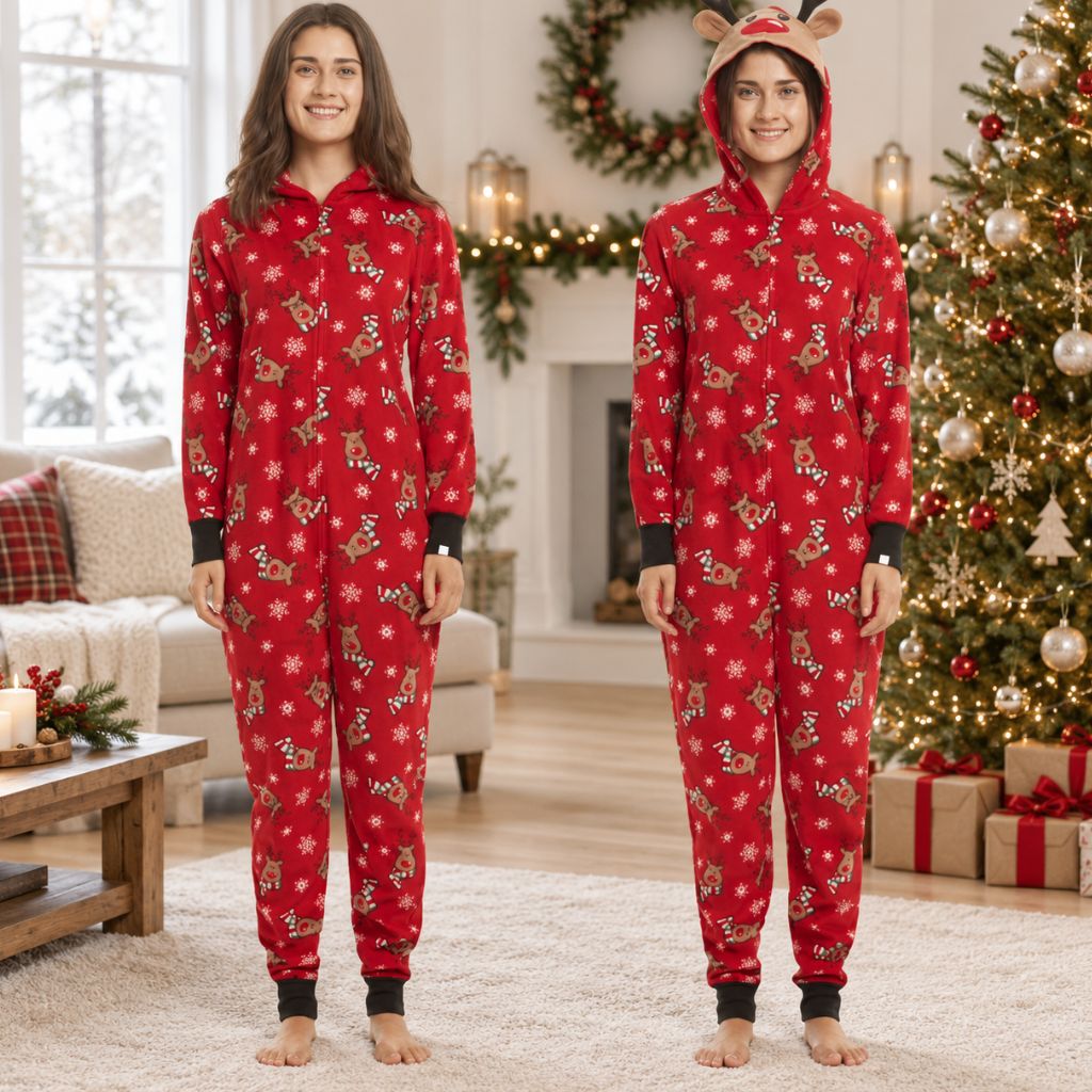 Combinaison pyjama de Noël femme rouge à capuche renne, de face et capuche relevée