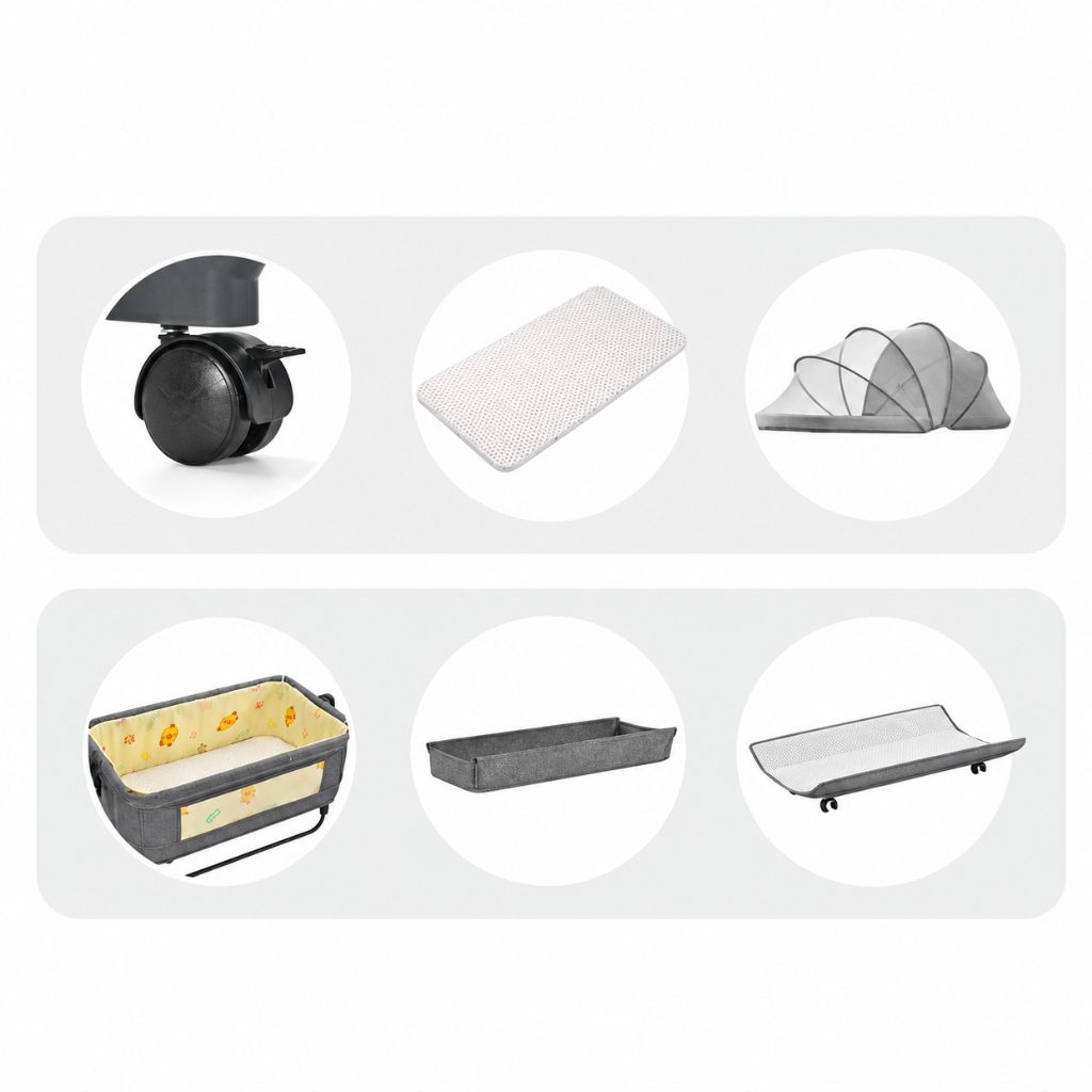Accessoires inclus du couffin cododo Lilou : roulettes, matelas, moustiquaire, nacelle, panier et plan à langer