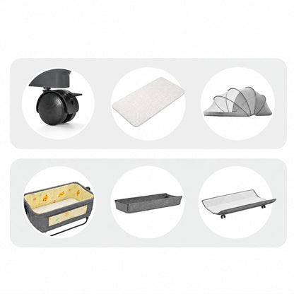 Accessoires inclus du couffin cododo Lilou : roulettes, matelas, moustiquaire, nacelle, panier et plan à langer