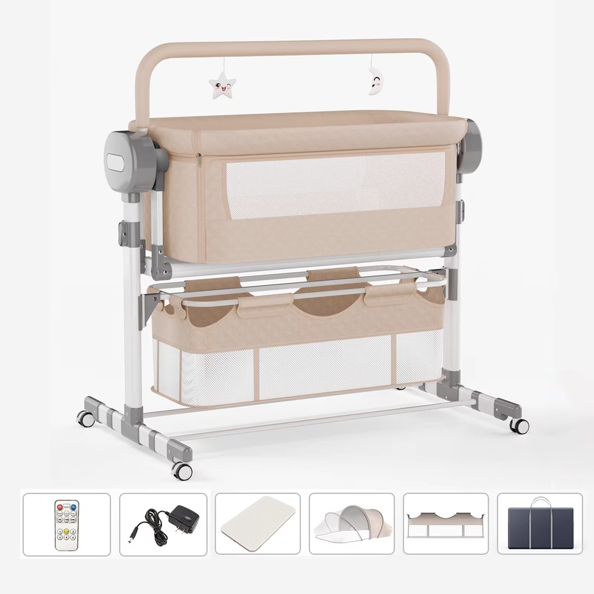 Lit cododo électrique Berceline beige dune en tissu matelassé avec ses accessoires
