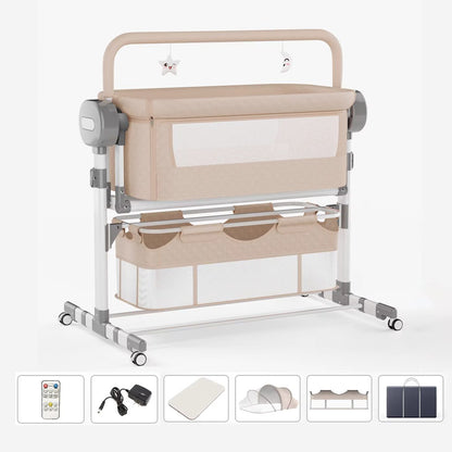 Lit cododo électrique Berceline beige dune en tissu matelassé avec ses accessoires
