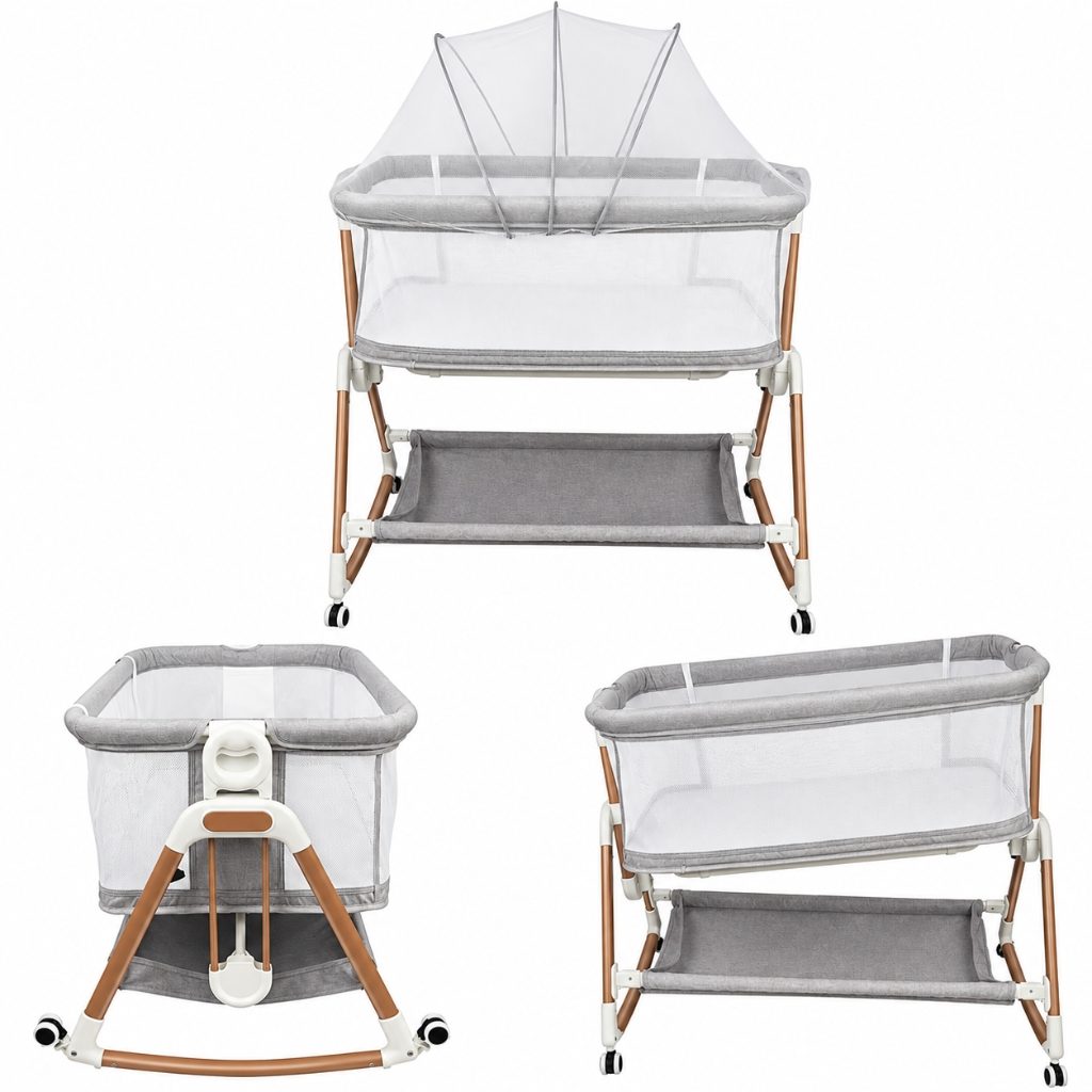 Lit cododo en maille Opaline Gris Tourterelle, vue de face, de côté et en mode balancement