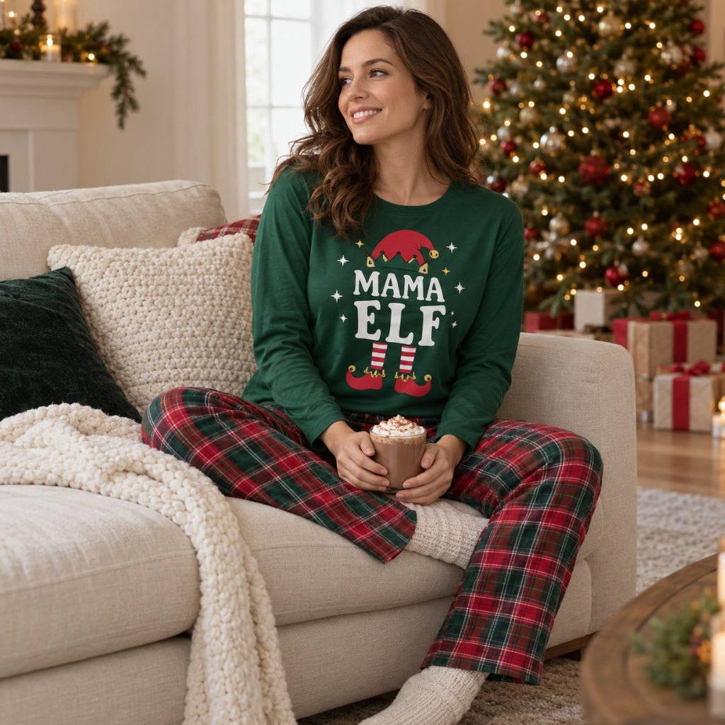 Maman en pyjama de Noël Mama Elf avec chocolat chaud sur le canapé