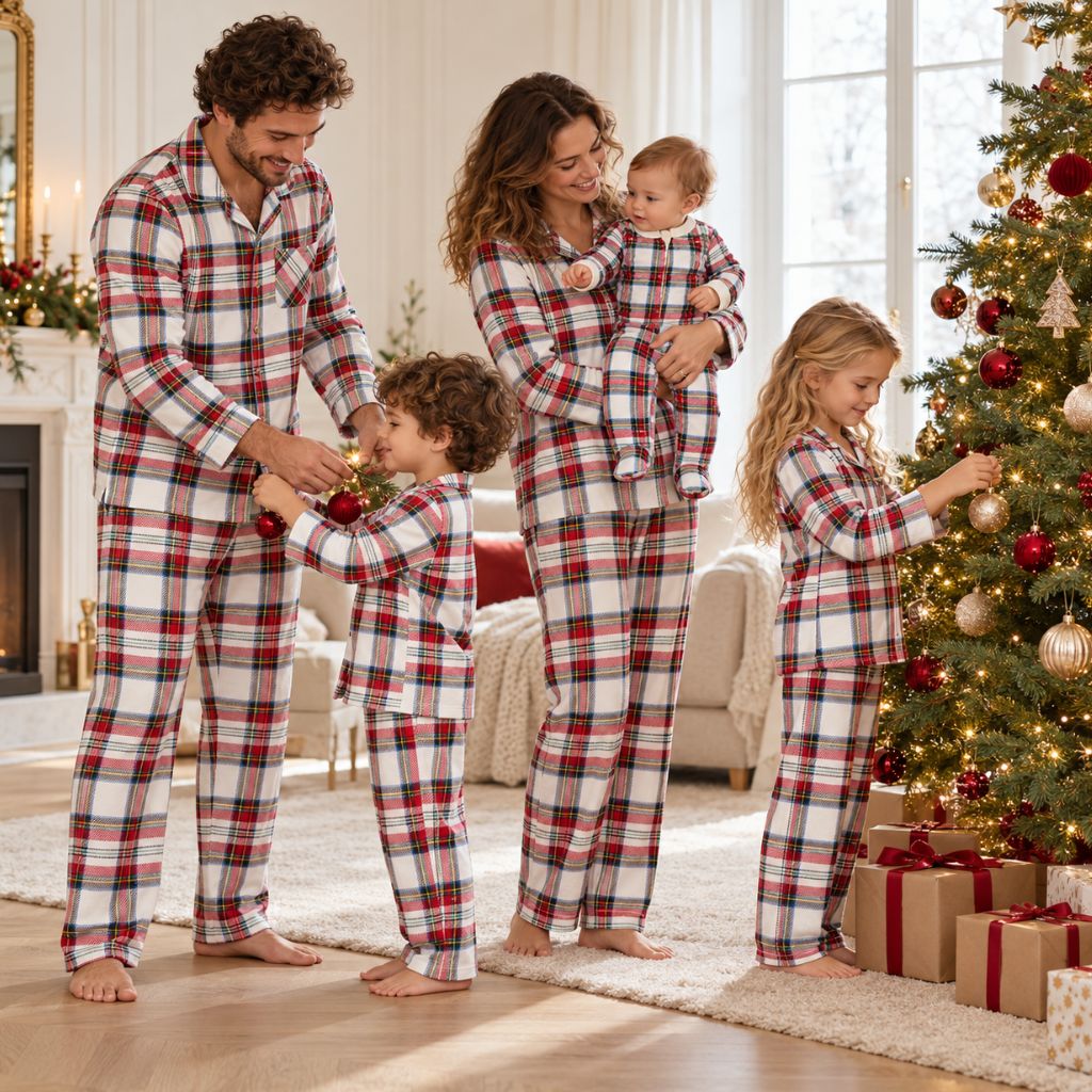 Famille en pyjama Noël tartan blanc qui décore le sapin ensemble